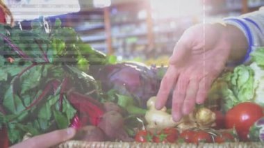 Marketteki beyaz erkek satıcının ve müşterinin ellerinde finansal grafiklerin animasyonu. ekonomi, finans, alışveriş ve dijital olarak üretilen küçük bağımsız iş konsepti.