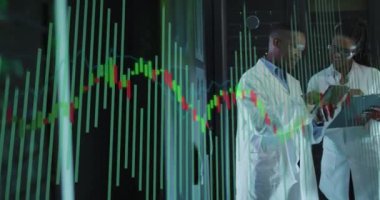 Animation of data processing over african american couple using tablet in server room. Cloud computing, digital interface and security concept digitally generated video.