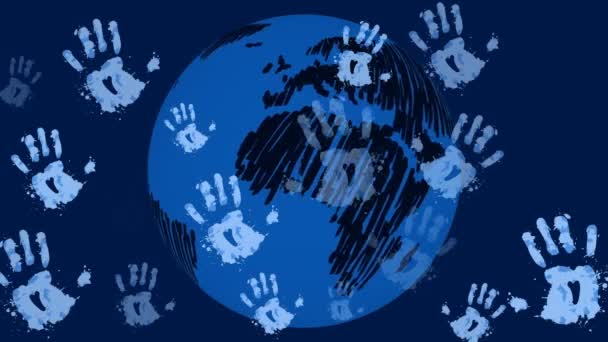 Animation Handprints Globe Blue Background Universal Childrens Day Celebration Concept — Wideo stockowe