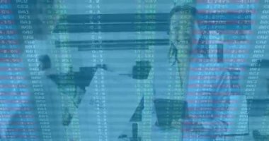 Animation of data processing over asian businesswoman using tablet in office. Global business and digital interface concept digitally generated video.