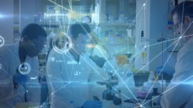 Laboratuvarda konuşan çeşitli bilim adamları üzerinden bağlantı ağının animasyonu. küresel bilim ve dijital arayüz kavramı dijital olarak oluşturulmuş video.