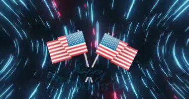 Mavi ve pembe ışıkların üzerinde siyah arka planda hızla hareket eden Amerikan bayraklarının canlandırılması. ABD vatanseverliği ve kutlama konsepti dijital olarak oluşturulmuş video.