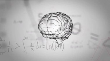 Matematiksel denklemler yerine beynin animasyonu. Küresel bilim ve dijital arayüz kavramı dijital olarak oluşturulmuş video.