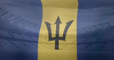 Spor stadyumunun üzerinde Barbados bayrağı sallama animasyonu. Spor, rekabet, eğlence ve teknoloji konsepti dijital olarak oluşturulmuş video.