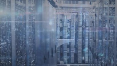 Sunucuların üzerine düşen ışıkların ve kalp atışlarının animasyonu. küresel ağ, bağlantılar, veri ve teknoloji konsepti dijital olarak oluşturulmuş video.