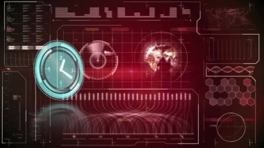 Animation of clock moving over data processing on black background. global business, finances, connections and digital interface concept digitally generated video.