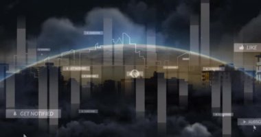Animation of globe and social media reactions over cityscape. social media, global communication and technology concept digitally generated video.