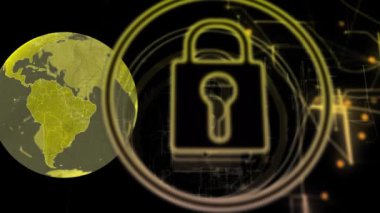 Siyah arka planda asma kilit animasyonu. Sosyal medya ve dijital arayüz konsepti dijital olarak oluşturulmuş video.