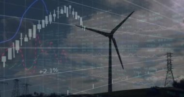 Rüzgar türbini üzerinde veri işleme animasyonu. Küresel iş ve dijital arayüz kavramı dijital olarak oluşturulmuş video.