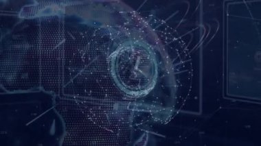 Animation of clock moving and globe over data processing. global business, connections and digital interface concept digitally generated video.