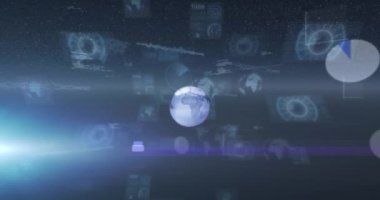 Animation of globe over scope scanning and data processing. global social media, data processing and digital interface concept digitally generated video.