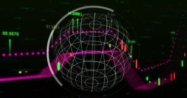 Animation of globe over financial data processing. global business, data processing and connections concept digitally generated video.