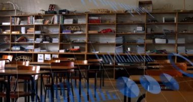 Boş sınıfta finansal veri işleme animasyonu. eğitim ve öğrenme kavramı dijital olarak oluşturulmuş video.