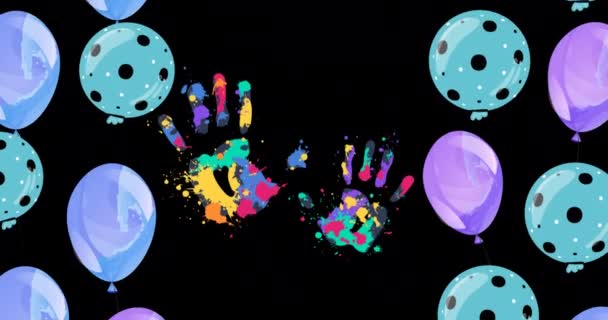 Animasi Handprints Dan Balon Pada Latar Belakang Hitam Universal Anak — Stok Video