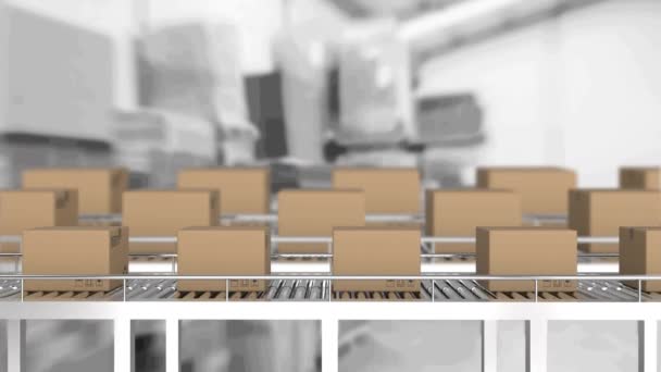 Animation Cardboard Boxes Conveyor Belts Warehouse Global Shipping Logistics Connections — Wideo stockowe
