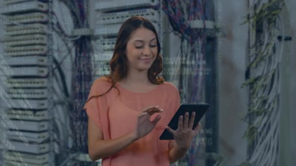 Animation Caucasian Woman Using Tablet Server Room Global Business Digital — Stock video