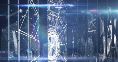 Bağlantılar Ağı 'nın dijital görüntüsü ve şehir manzarasına karşı parlayan ışık noktaları. Küresel ağ ve bağlantı kavramı