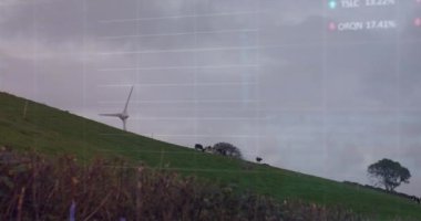 Yel değirmeni ve manzara üzerinde finansal veri işleme animasyonu. elektrik, enerji ve güç dağılımı dijital olarak oluşturulmuş video.