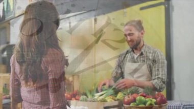 Marketteki mutlu beyaz erkek ve kadın müşteri üzerinden finansal grafiklerin animasyonu.