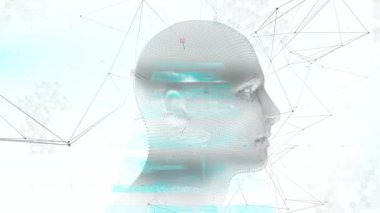 Dijital insan kafası ve bağlantı ağı üzerinden veri işleme animasyonu. küresel teknoloji, veri işleme ve dijital arayüz kavramı dijital olarak oluşturulmuş video.