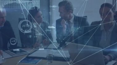 Animation of connections over diverse businesspeople talking and working. global business, connections and technology concept digitally generated video.