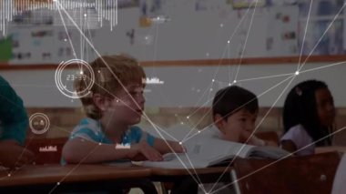 Animation of network of connections over diverse pupils with female teacher. Learning and education concept digitally generated video.
