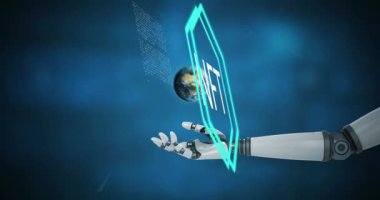 Dünya üzerinde Nft 'in animasyonu ve robotun kolu. dijital kaynaklar ve teknoloji konsepti dijital olarak oluşturulmuş video.