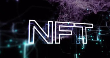 Animation of nft text over trails on black background. Social media and digital interface concept digitally generated video.