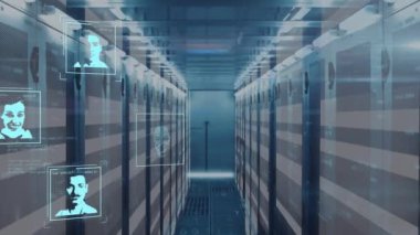 Veri işleme animasyonları ve sunucu odasında simgeler. küresel teknoloji ve dijital arayüz kavramı dijital olarak oluşturulmuş video.