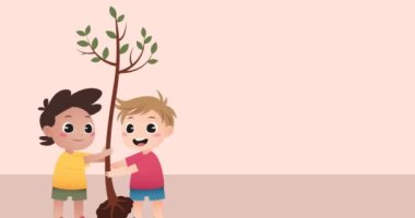 Bej arka planda bitki ikonu olan çocukların animasyonu. Evrensel çocuklar günü ve dijital olarak üretilen video konsepti.