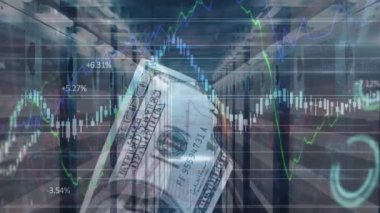 Animation of data processing and banknote over server room. global business and digital interface concept digitally generated video.