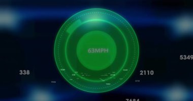 Animation of speedometer over falling numbers. Cloud computing, digital interface and security concept digitally generated video.