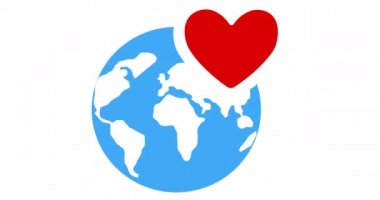 Beyaz arka planda kalp ikonu olan bir dünya animasyonu. Uluslararası yardım ve kutlama günü dijital olarak üretilen video konsepti.