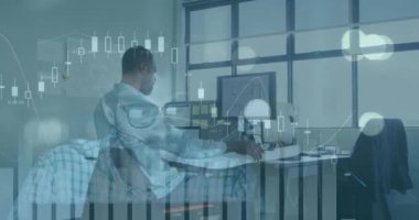Animation of financial data processing over african american man. Global business, finances, digital interface and connections concept digitally generated video.