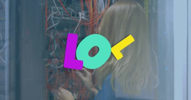 Animation Lol Caucasian Woman Checking Servers Computers Network Technology Concept — Αρχείο Βίντεο