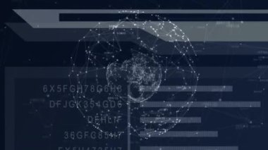 Mavi arka planda veri işleme üzerinde dönen bağlantı ağı küresi. Küresel ağ ve teknoloji kavramı