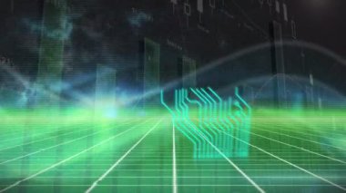 Bilgisayar devre kartı ve veri işleme sisteminin animasyonu. küresel veri işleme, hesaplama ve iş konsepti dijital olarak oluşturulmuş video.