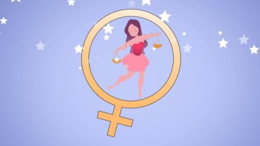 Kadın sembolü ve kadın ikonu üzerine düşen yıldızların animasyonu. Soyut arkaplan ve dijital arayüz kavramı dijital olarak oluşturulmuş video.