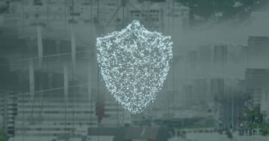 Şehrin üzerindeki dijital kalkanın animasyonu. küresel iş ve dijital arayüz kavramı dijital olarak oluşturulmuş video.