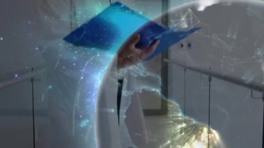 Animation of connections and globe over happy caucasian senior male doctor with notes. health, medicine, connections and technology concept digitally generated video.