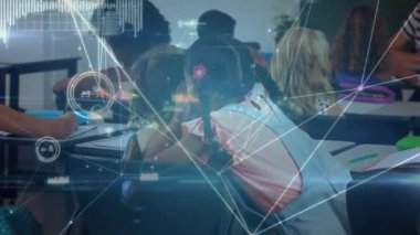 Animation of network of connections over diverse schoolchildren learning in classroom. global education, connections and digital interface concept digitally generated video.