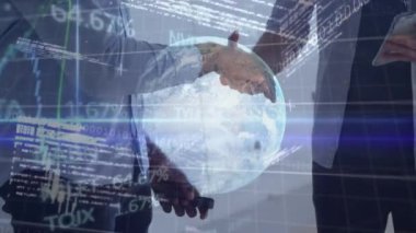 Animation of globe and financial graphs over diverse businessmen shaking hands. Global finance, economy, business and cooperation concept digitally generated video.