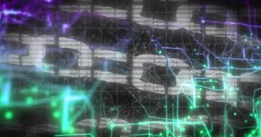 Siyah arkaplan üzerinde veri işleme animasyonu. küresel teknoloji ve dijital arayüz kavramı dijital olarak oluşturulmuş video.