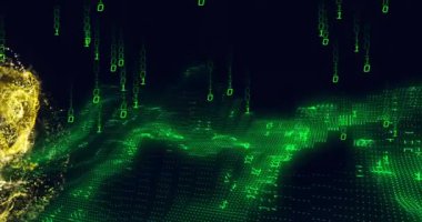 Siyah arkaplanda veri işleme animasyonu. küresel iş ve dijital arayüz kavramı dijital olarak oluşturulmuş video.