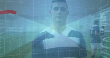 Futbolcular üzerinde finansal veri işleme animasyonu. Küresel spor, dijital arayüz ve veri işleme kavramı dijital olarak oluşturulmuş video.