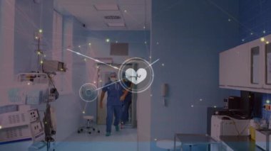 Cerrahları mahveden bağlantıların animasyonu. Küresel tıp, teknoloji, veri işleme ve dijital arayüz kavramı dijital olarak oluşturulmuş video.