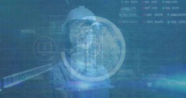 Animation of data processing over caucasian female worker. global business and digital interface concept digitally generated video.