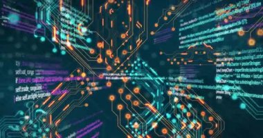 Siyah arkaplan üzerinde veri işleme animasyonu. Sosyal medya ve dijital arayüz konsepti dijital olarak oluşturulmuş video.