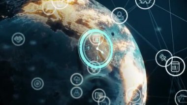 Animation of clock moving over icons and globe. global business, finances, connections and digital interface concept digitally generated video.