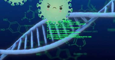 DNA ipliği üzerinde virüs hücrelerinin animasyonu. küresel bilim ve dijital arayüz kavramı dijital olarak oluşturulmuş video.